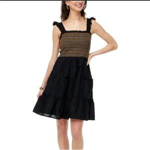 J‎ Crew Smocked Tiered Mini Sleeveless Dress Black/Brown Womens Size Small